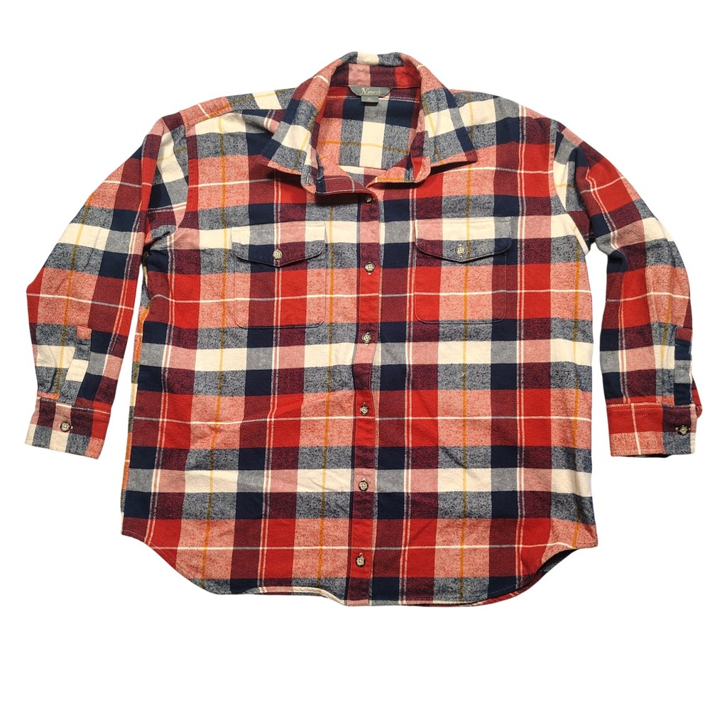 Natural Reflections Flannel Shirt Womens XL Plaid Button Down Red Navy 0976